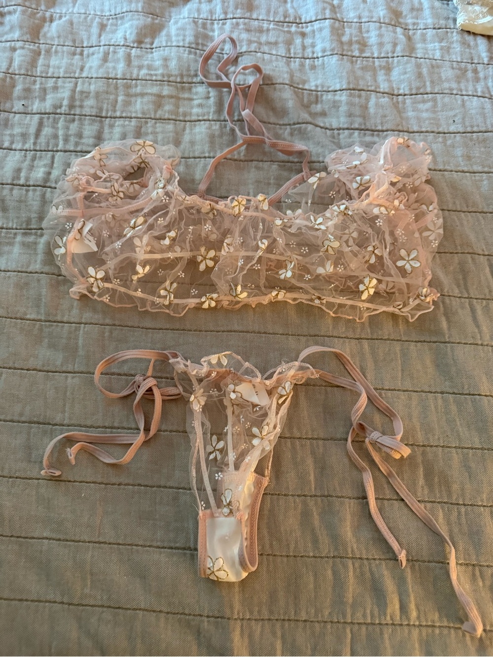 Sheer Floral Embroidered Bralette & Thong Set - Pink